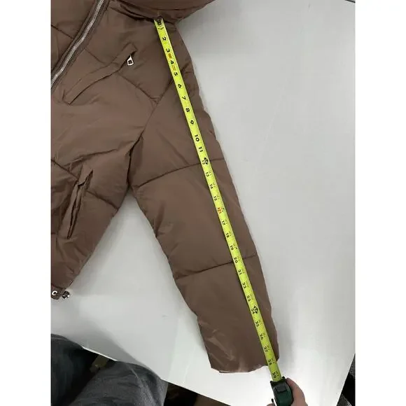 Shein Puffer Coat Jacket Sz L Brown Minimalist Trendy High Neck Normcore - Picture 11 of 11